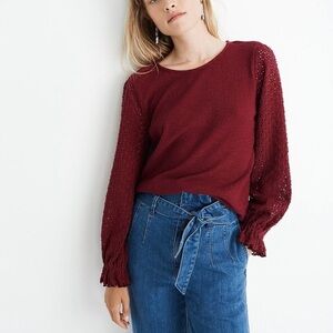 Madewell Tops Texture & Thread Eyelet Mix Ruffle Sleeve Top Red, Maroon small
